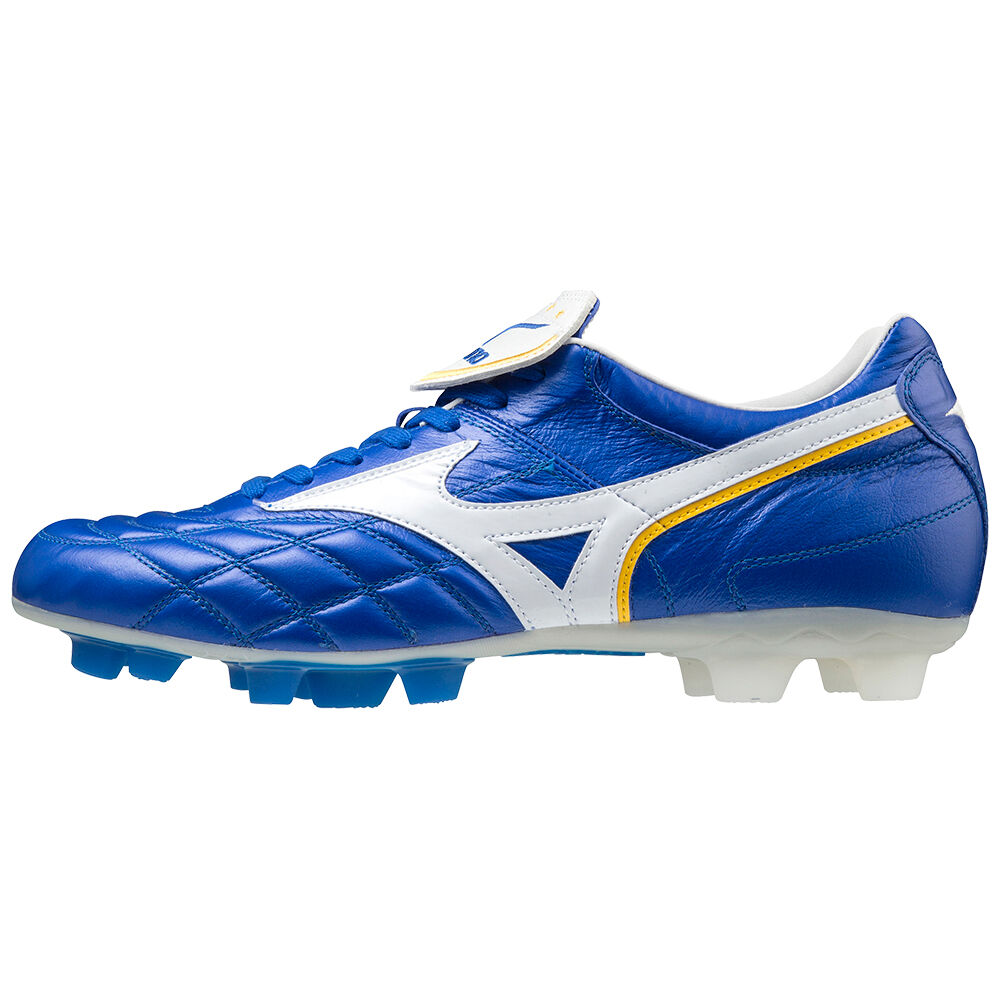 Chuteiras Mizuno Wave Cup Legend - Homem - Branco/Azuis/Amarelas - TLEVR2590